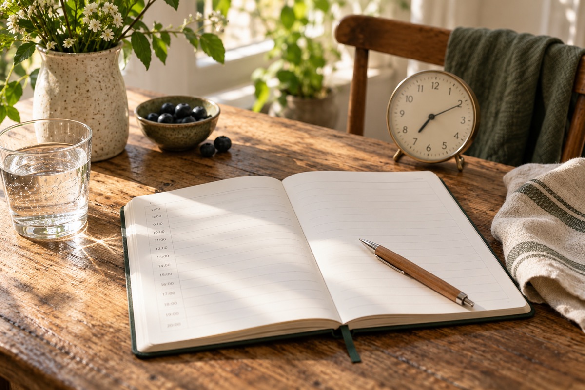 Agenda ouvert, horloge et verre d’eau dans la lumière du matin.
