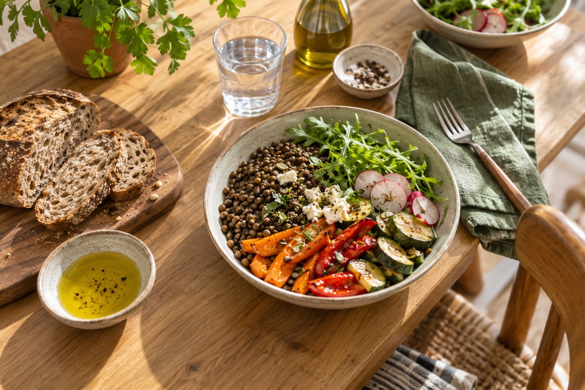 Assiette de lentilles et légumes, pain complet et verre d’eau sur une table en bois.