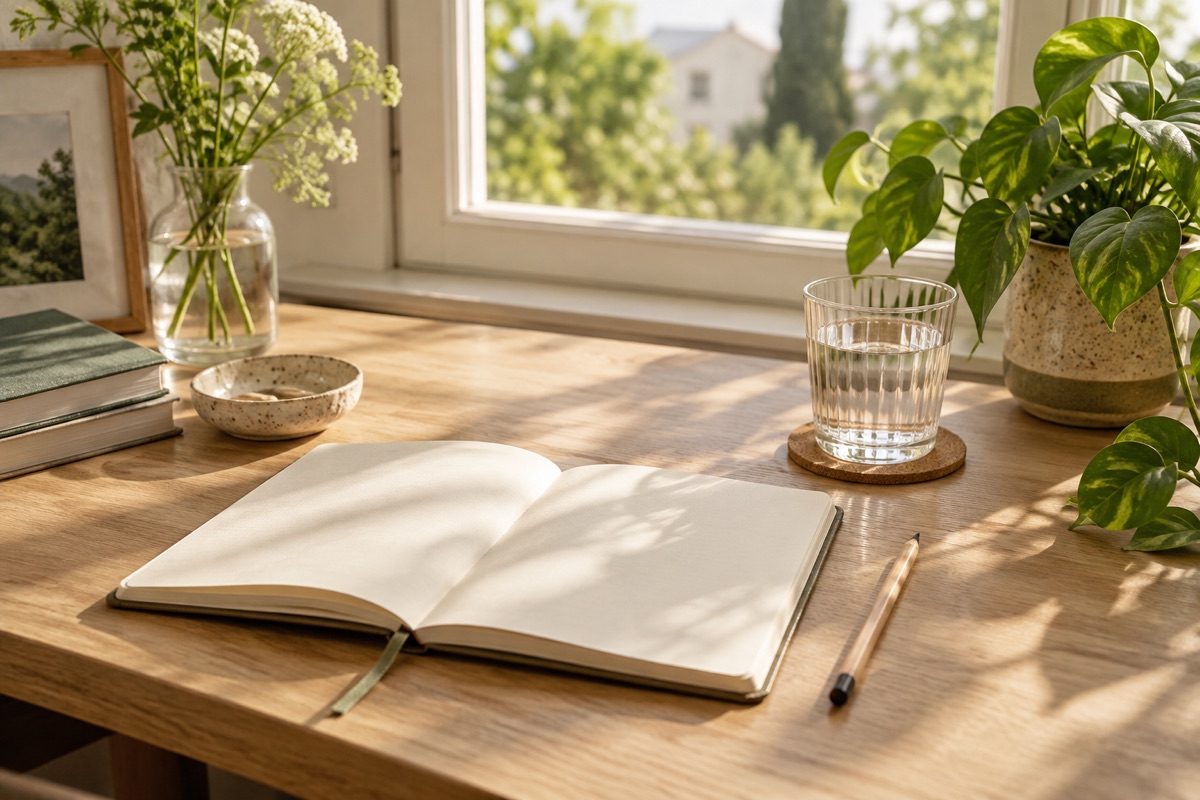 Carnet de suivi ouvert, crayon et verre d’eau sur une table près d’une plante.