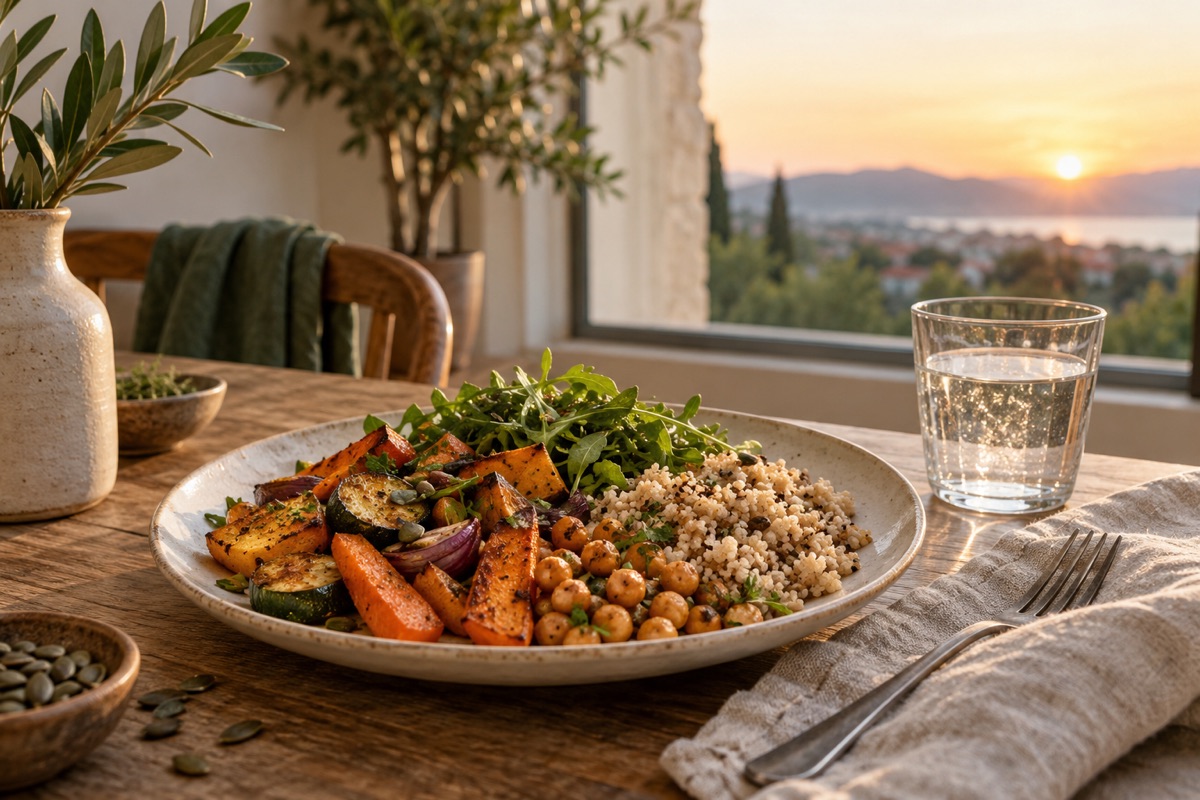 Assiette de légumes et de céréales et verre d’eau dans une lumière de fin de journée.