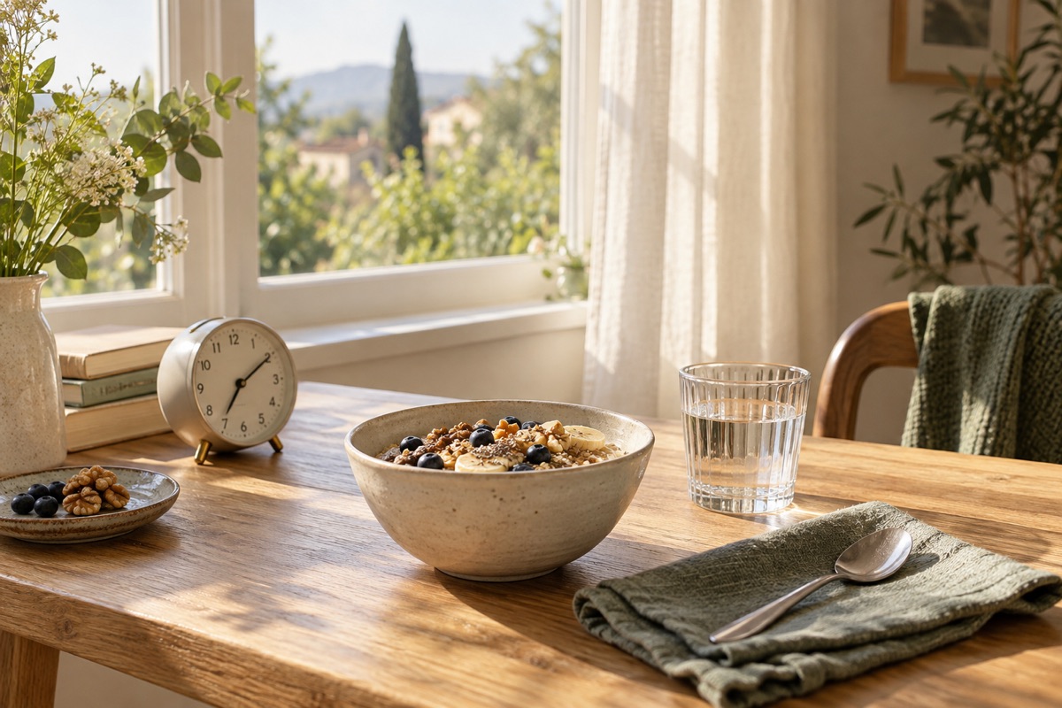 Petit-déjeuner et horloge sur une table près d’une fenêtre ensoleillée.