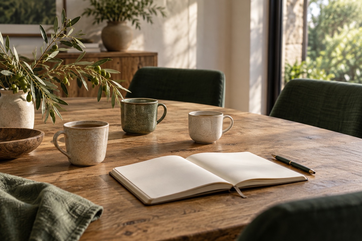 Carnet ouvert, stylo et trois tasses sur une table de conversation.