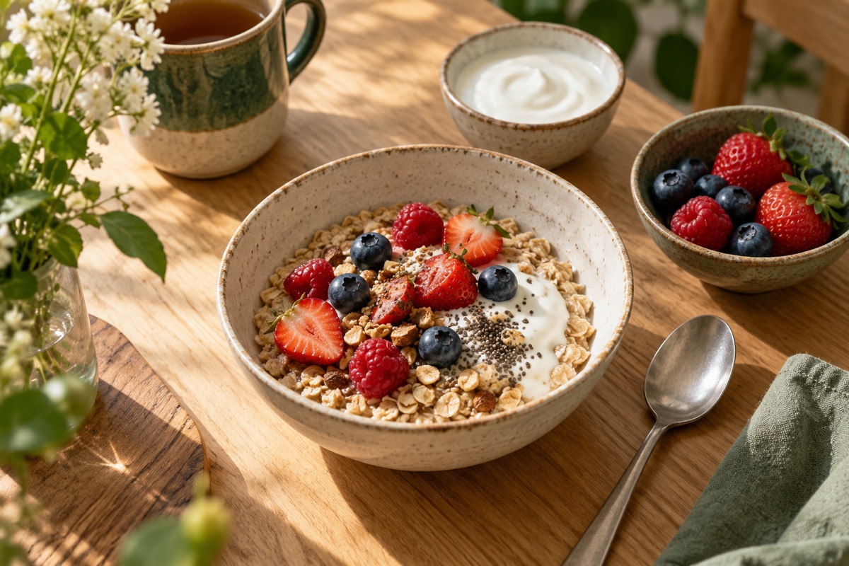 Petit-déjeuner simple avec flocons d’avoine, fruits et yaourt sur une table.