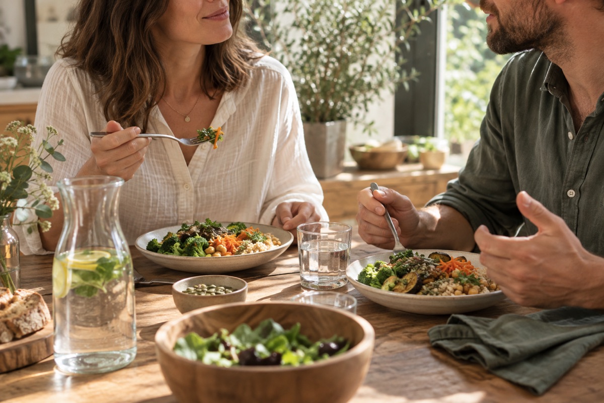 Deux personnes partagent un repas de légumes et de céréales à une table en bois.