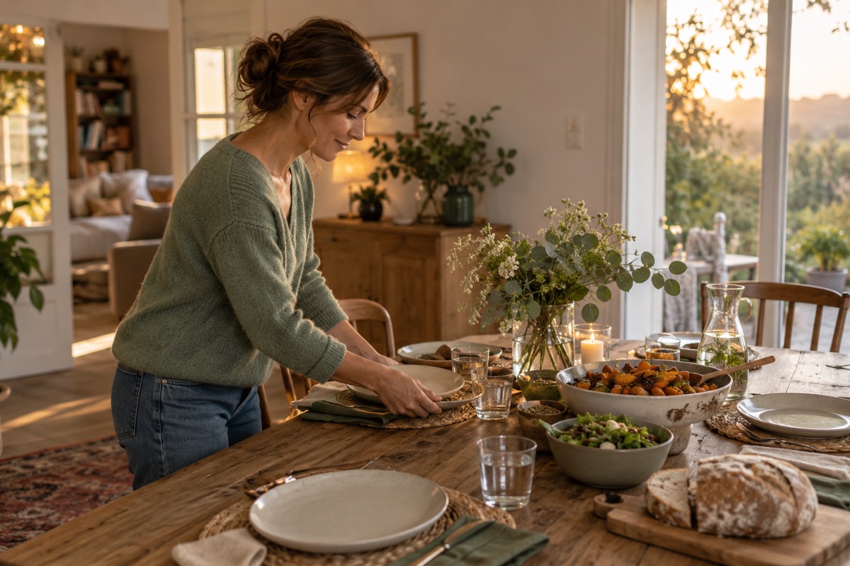 Une femme prépare une table avec des légumes et de l’eau pour le repas du soir.