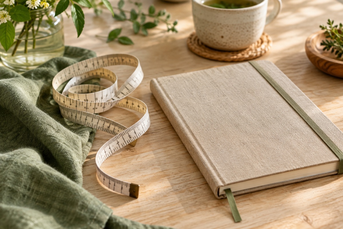Mètre ruban souple et carnet posés sur une table claire.